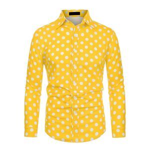 Yellow Shirts Polka Dots Long Sleeve Slim Fit Printed Dress Button Down Shirt